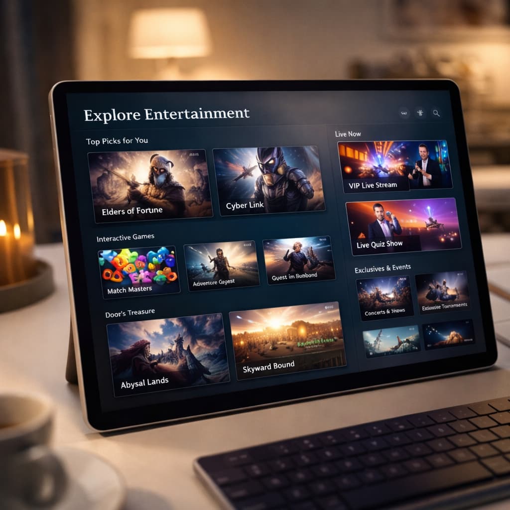Sleek tablet showcasing curated entertainment options